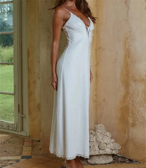 Satin Lace Trim Tie Front Slip Maxi Dress