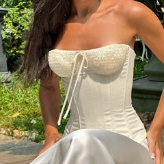 White Smocked Tied Tube Corset Top