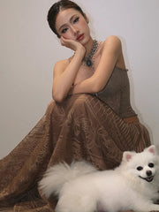 Jacquard Patchwork See Through Top And Long Skirts Set