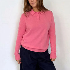 Solid Long Sleeve Lapel Collar Knit Pullover Top