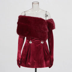 Red Fur Collar Long Sleeve Velvet Diamond Mini Dress