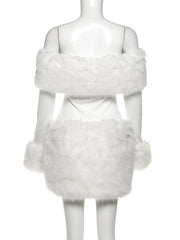 White Off-Shoulder Long Sleeve Fur Trim Mini Dress
