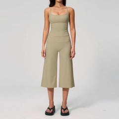 Solid Cami Removable Pads Top And Wide Leg Cropped Pants Set