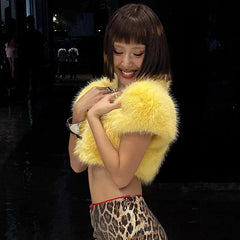 Fluffy Faux Fur Crop Belt Buckle Jacket