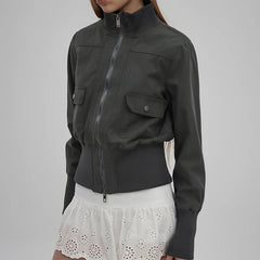 Ribbed Zippered Pocket Long Sleeve Short Panelled Jacket