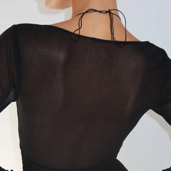Black Sheer Mesh Patchwork Long Sleeve Top