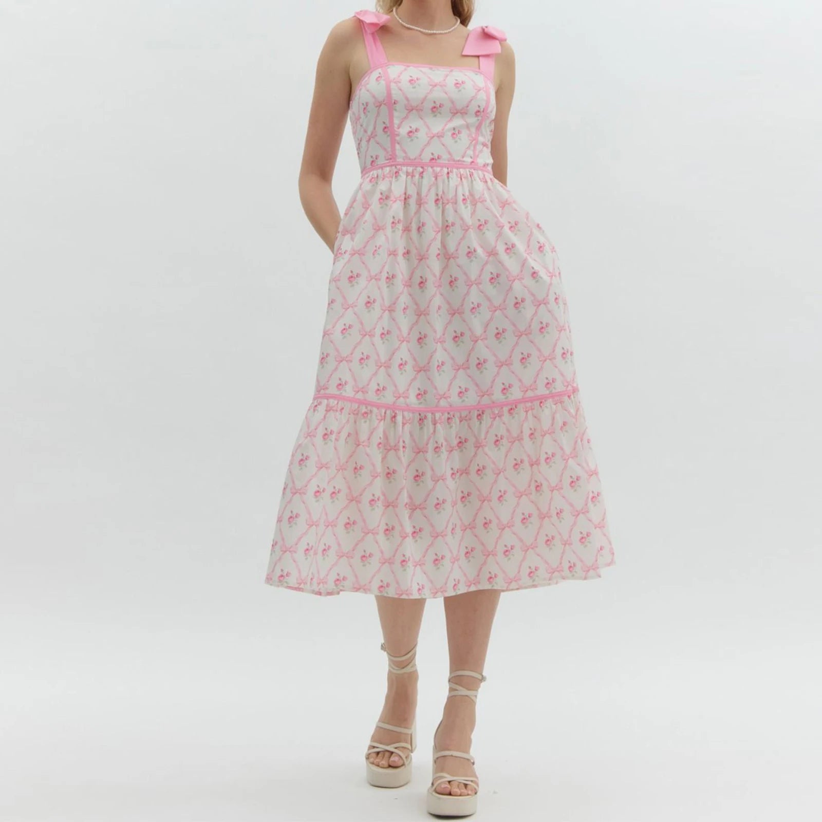 Women's printed tiered midi dress with square neck.
