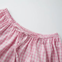 Plaid Off Shoulder Tops And Ruffle Shorts Set