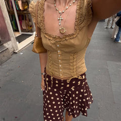 Brown Lace Up Short Sleeve Buttoned Top