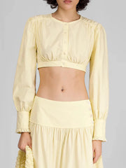 Round Neck Long Sleeve Crop Top And Low Waist Midi A Line Skirt Two Piece Set