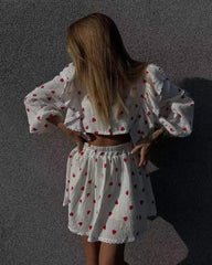 White Printed Ruffle Long Sleeve Shirt And Shorts Set