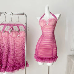 Pink Ruffles Mesh Bodycon Tank Mini Dress