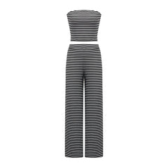 Striped Print Bandeau Tube Top And Elastic Waist Wide Leg Pants Tracksuit