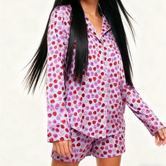 Purple Satin Heart Print Long Sleeve Button Top with Shorts Pajama Set