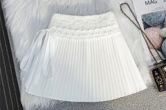 White Pleated Embroidered Bow Mini Skirt
