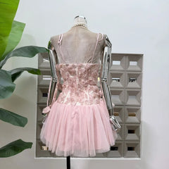 Embroidered Mesh Flower Tie Straps Tulle Mini Dress