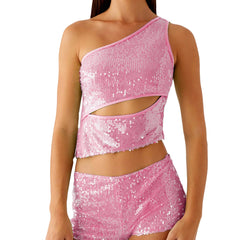 Pink sequin top and shorts set - asymmetrical, one shoulder neck
