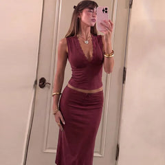 Lace Trim V-neck Tank Top And Midi Skirt Set