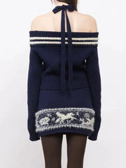 Off-Shoulder Sweater Strap Top And Knit Fuzzyh Mini Skirt