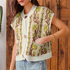 Person wearing a patterned vest with a wooden background