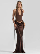 Halter Deep V Neck Top And Maxi Skirt Satin Ruched Set
