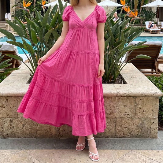 Lace Puff Sleeve V-Neck Back Tie Maxi Dress