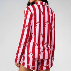 Christmas Striped Printed Long Sleeve Button Down Shirt And Shorts Pajama Set