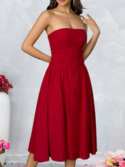Strapless Solid Flare Red Midi Dress