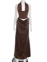 Halter Deep V Neck Top And Maxi Skirt Satin Ruched Set