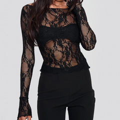 Black Lace Sheer Long Sleeve Top