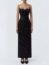 Black Sequin Spaghetti Strap Cowl Neck Midi Dress