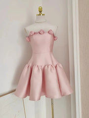 Satin Pink 3D Flower A Line Mini Dress