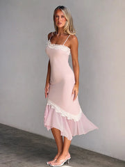 Pink Sleeveless Lace Patchwork Ruched Hem Midi Dress