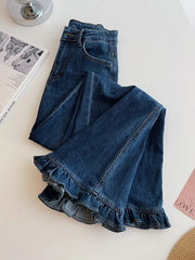 Ruffle Blue Bell Bottom Flare Denim Pants