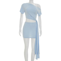 Slanted Tie Up Top And Mini Skirt Set