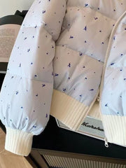 Blue Floral Print Puffer Ribbed Trim Zipper Jacket