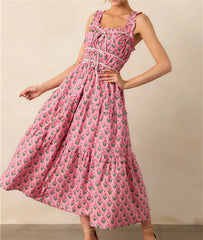 Pink Ruched Printed Maxi Dress
