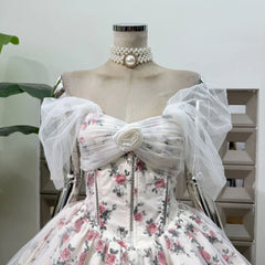 3D Flower Embellished Floral Print Tulle Mini Dress