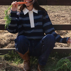 Lapel Button Striped Sweatshirts