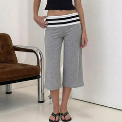 Striped Waist Wide Leg Capri Pants