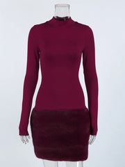 Red Turtleneck Long Sleeve Fur Patchwork Mini Dress