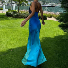 Ombre Satin V Neck Spaghetti Strap Maxi Dress