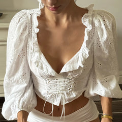 White Lace Up Tie Front Lantern Sleeve Top