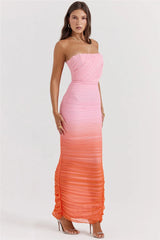Pink Gradient Strapless Ruched Maxi Dress