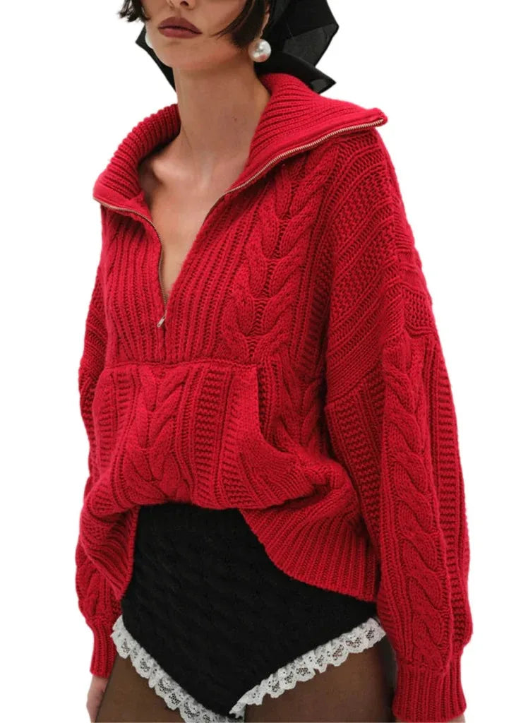 Red knitted sweater worn by a model