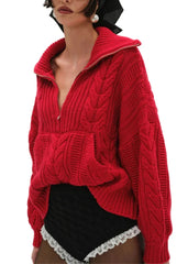 Red knitted sweater worn by a model