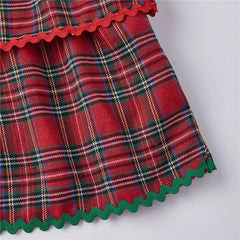 Red Plaid Tiered Long Puff Sleeve Smocked Mini Dress