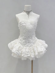 3D Flower Strapless Patchwork Ruffles Mini Dress