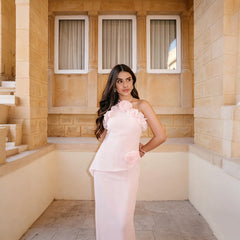 Pink Halter 3D Flower Ruffle Maxi Dress