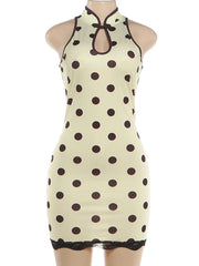 Stand-Up Collar Polka Dot Sleeveless Mini Dress